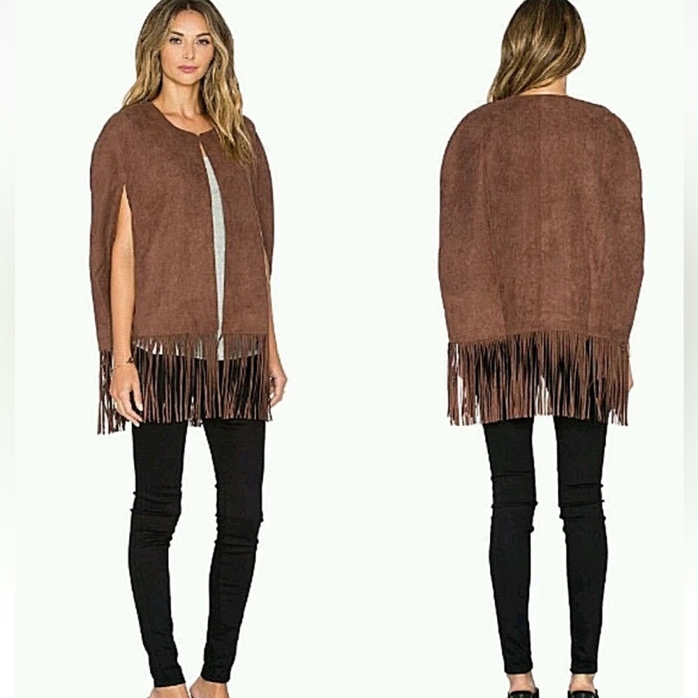 TULAROSA Cape Womens Large Brown Fringed Cardigan Vest Western‎ Faux Suede
